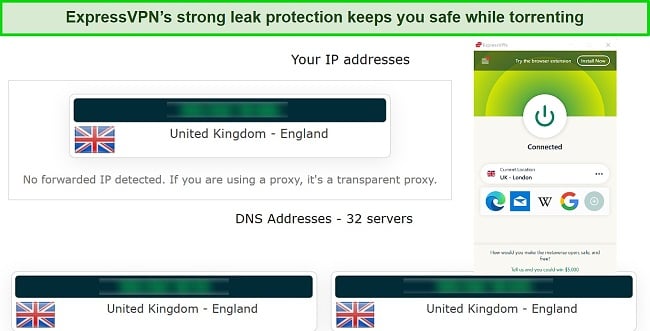 Screenshot of ExpressVPN's IP/DNS leak test while connected to a server in the UK