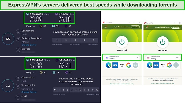 Screenshot of ExpressVPN's download and upload speeds while connected to servers in Greece and Norway