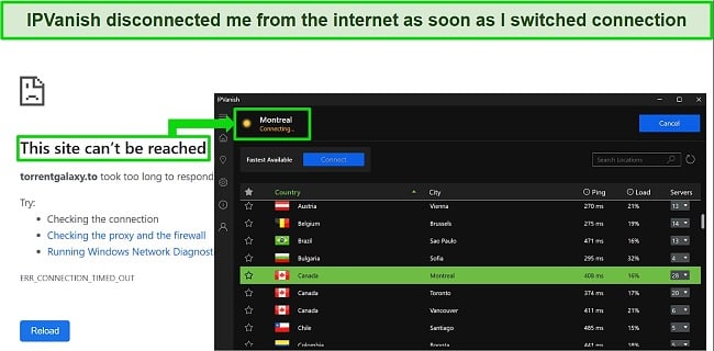 Screenshot of IPVanish disconnecting you from the internet while connecting to a different server