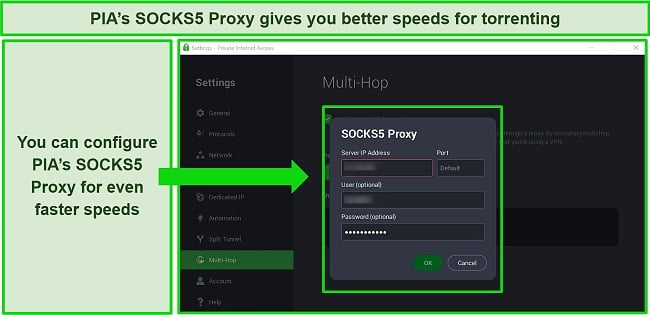 Screenshot of PIA's interface showing SOCKS5 Proxy configuration