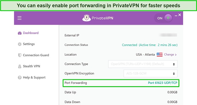 Screenshot of PrivateVPN's Windows app's dashboard showing enabled port forwarding feature