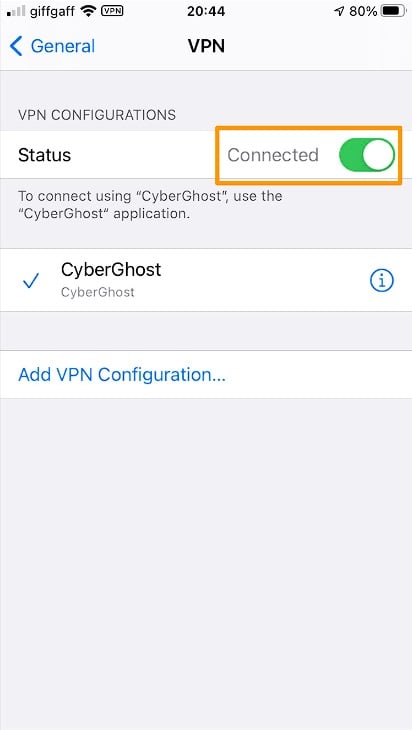 Screenshot of how to turn on CyberGhost within iOS settings