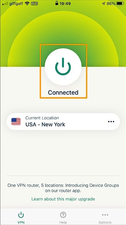 Tangkapan layar tombol ketuk untuk menghubungkan pada aplikasi ExpressVPN iOS