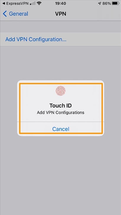 Screenshot of touch ID to add VPN configurations to an iPhone or iPad using the ExpressVPN iOS app