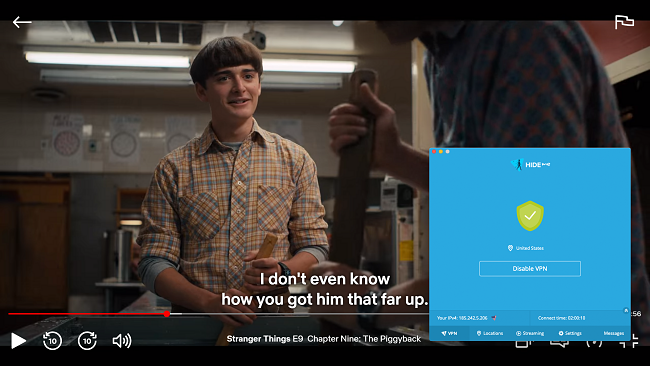 Zrzut ekranu przedstawiający transmisję strumieniową Stranger Things z serwisu HideMe w serwisie Netflix