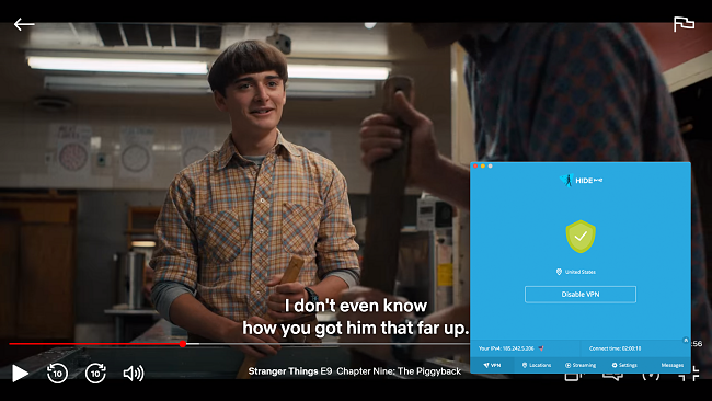 Screenshot von Hide Me beim Streamen von Stranger Things auf Netflix