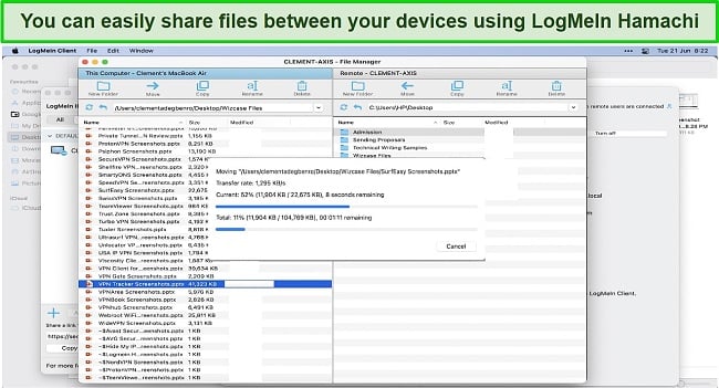 Screenshot of LogMeIn Hamachi being used to share files between my Mac and Windows devices