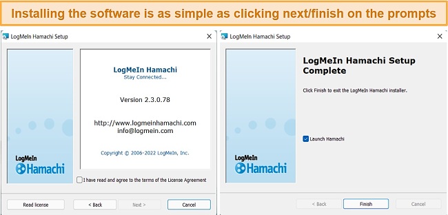 Screenshot of the installation process for LogMeIn Hamachi