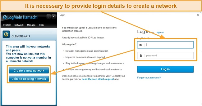 Screenshot of LogMeIn Hamachi's login and network creation interface