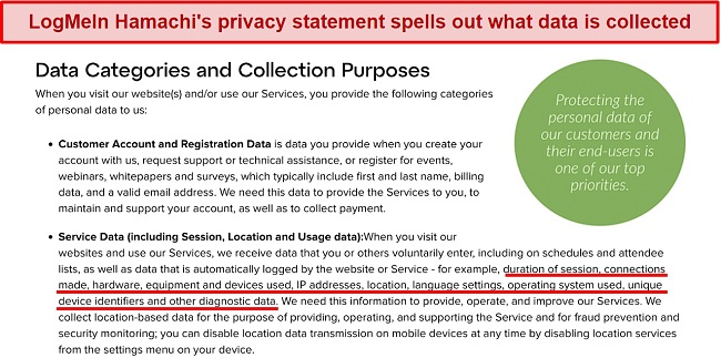 Screenshot of LogMeIn Hamachi's privacy policy