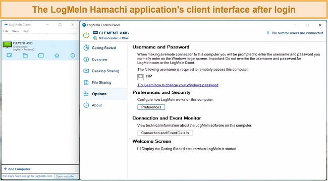 Screenshot of LogMeIn Hamachi's user interface