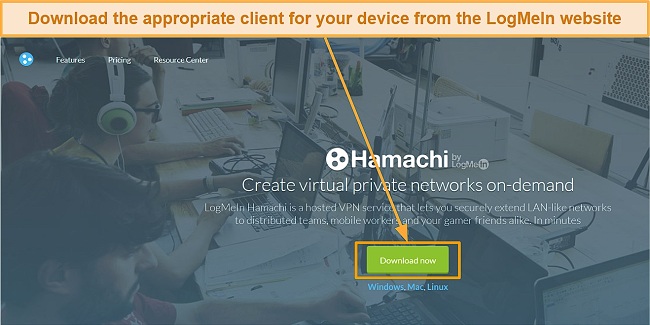 Screenshot of the LogMeIn Hamachi software download page