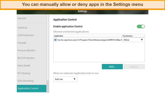 Screenshot of Panda's Application Control configuration menu