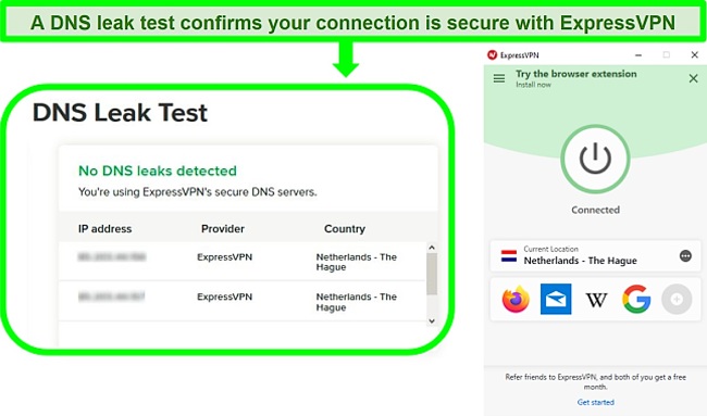 Screenshot of a DNS leak test while ExpressVPN is connected to a server in the Netherlands
