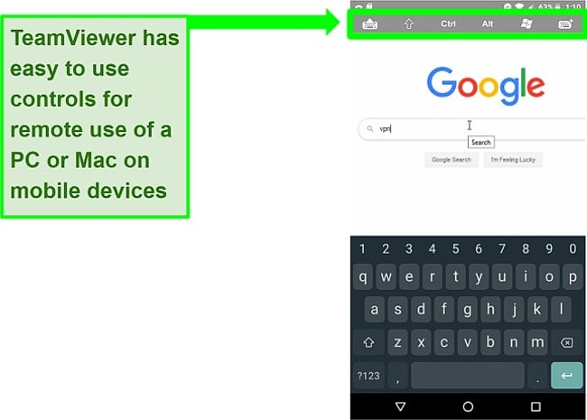 Screenshot of TeamViewer's mobile device controls remotely browsing the web on a PC