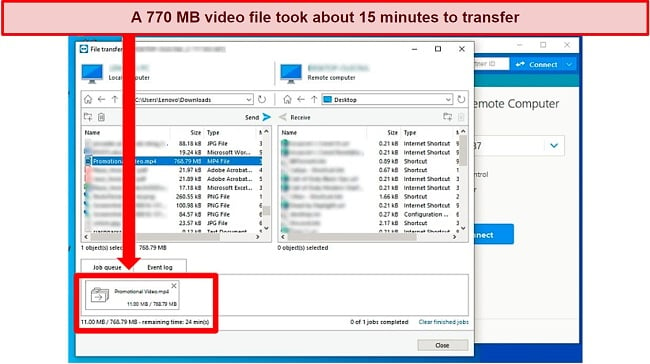 Screenshot of TeamViewer's file transfer windows while a video file is sent from one PC to another