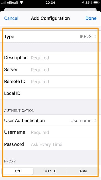 Tangkapan layar pengaturan iOS untuk menambahkan konfigurasi VPN