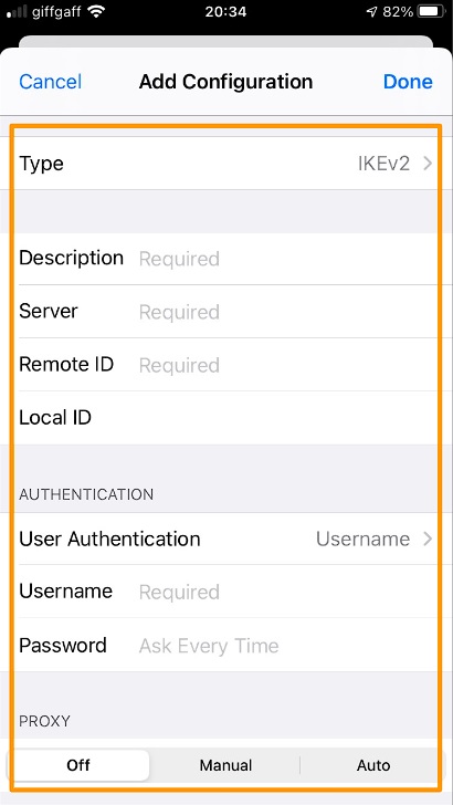 Captura de tela das configurações do iOS para adicionar configurações de VPN