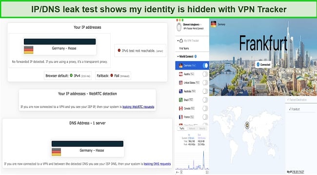 Screenshot showing VPN Tracker passing an IP and DNS leak test