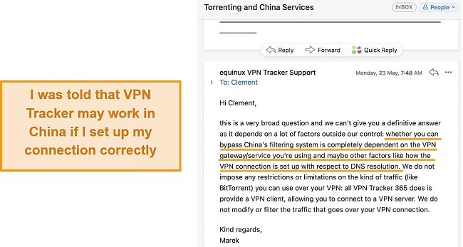 Screenshot showing VPN Tracker's response to my query on using it in China