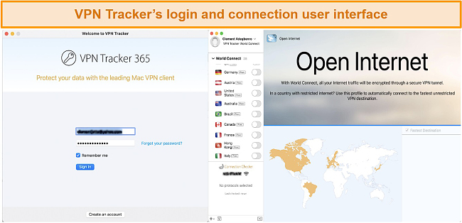 Screenshot of VPN Tracker login and connection interface