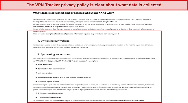 Screenshot showing an excerpt of VPN tracker's privacy policy