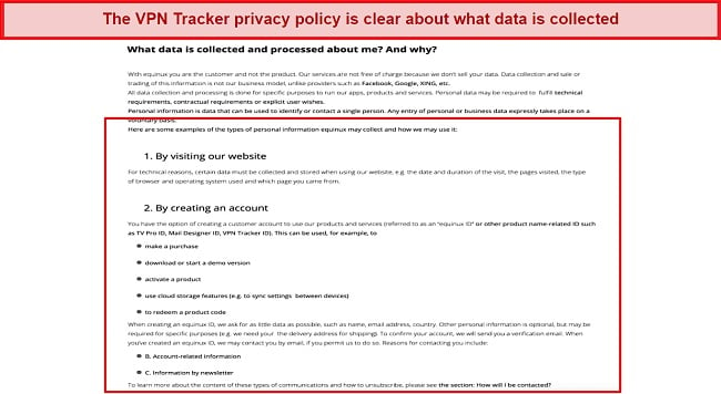 Screenshot showing an excerpt of VPN tracker's privacy policy