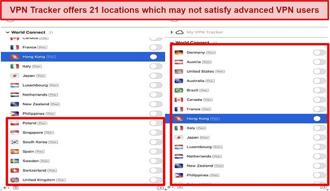 Screenshot showing server locations available on VPN Tracker