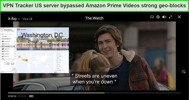 Screenshot showing Amazon Prime Video streaming using VPN Tracker's servers
