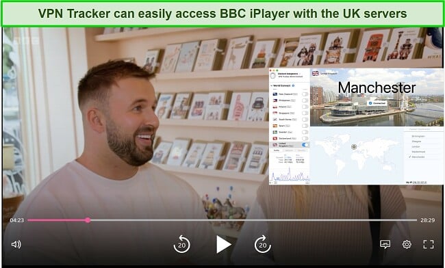 Screenshot showing BBC iPlayer streaming using VPN Tracker's servers