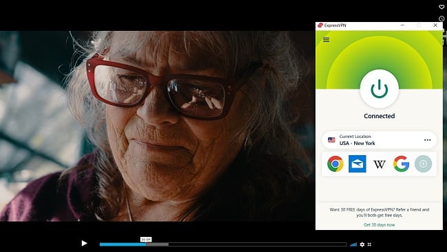 Screenshot of streaming Suska Matsik on VImeo while ExpressVPN is connected to a server in the US.