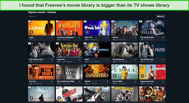 Screenshot of FreeVee's user dashboard and popular movies list