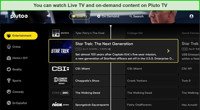 Screenshot of PlutoTV Live TV dashboard