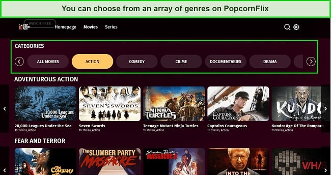 Screenshot of PopcornFlix user interface