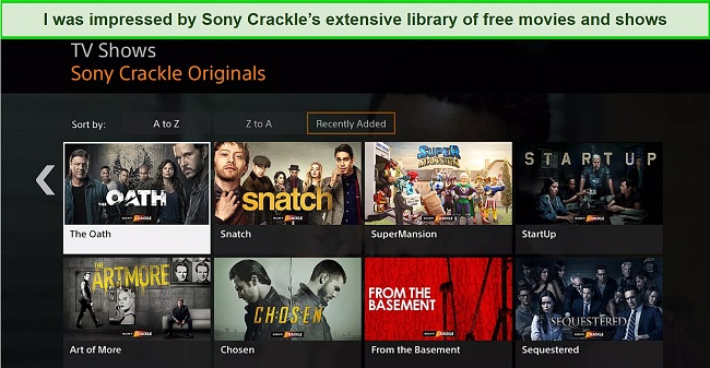 Screenshot of Sony Crackle's TV shows library