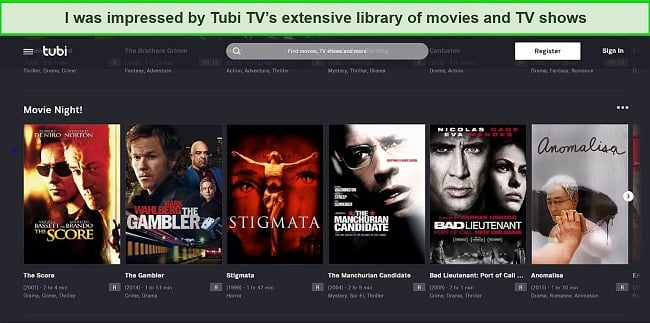 Screenshot of Tubi TV's home page