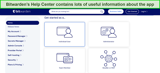 Screenshot of Bitwarden's Help Center