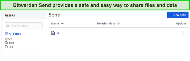 Screenshot of Bitwarden Review: Bitwarden Send Feature.