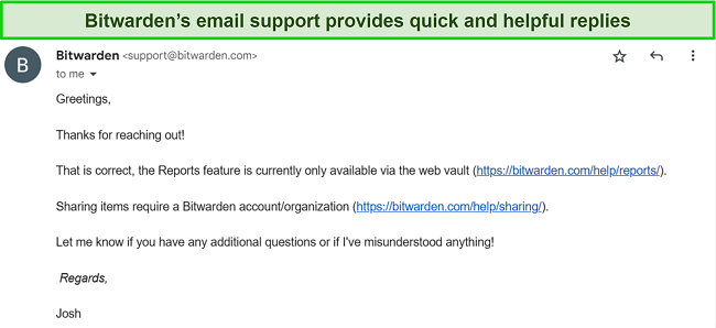 Screenshot of Bitwarden Review: Conversation with Bitwarden Email Support.