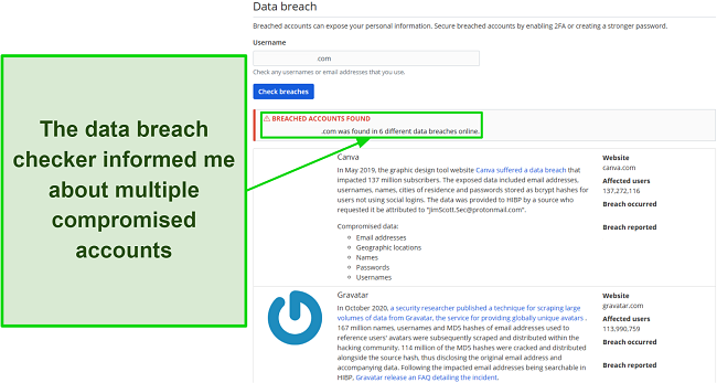 Screenshot of Bitwarden's data breach scanner results