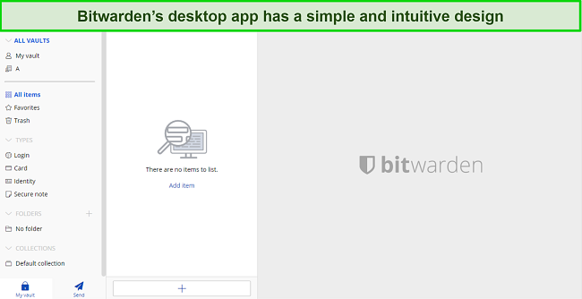 Screenshot of Bitwarden Review: Desktop App Interface.