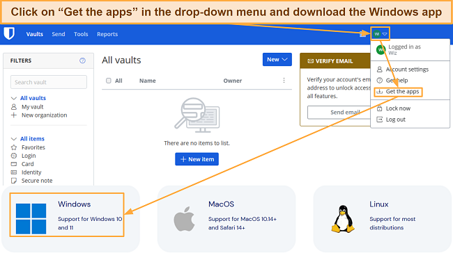 Screenshot showing how to download Bitwarden's desktop app via the web portal