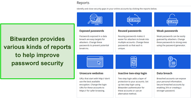 Screenshot of Bitwarden's Reports feature