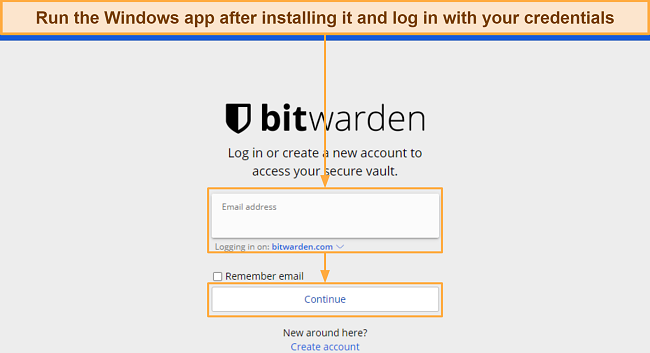 Screenshot showing how to log into Bitwarden's Windows app