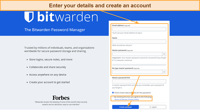 Screenshot of Bitwarden's account creation page
