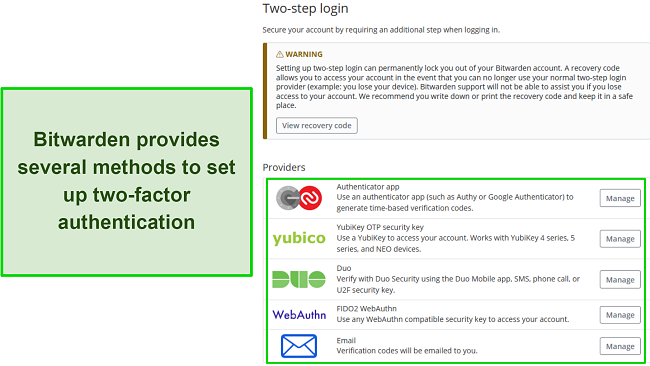 Screenshot displaying Bitwarden Review: Two-Factor Authentication Methods.