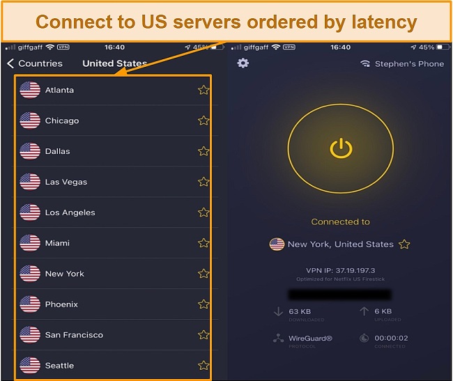 Screenshot of US servers ordered by latency and location using CyberGhost