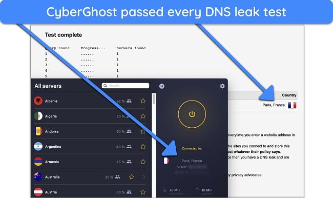 DNS leak test alongside the CyberGhost app passing the test with no DNS leaks while connected to France