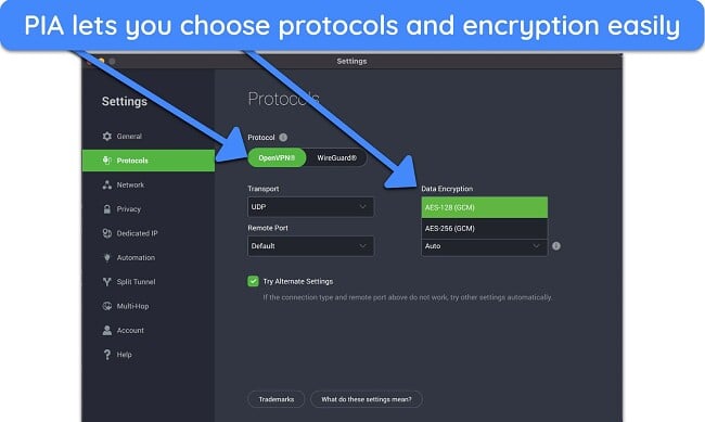 Private Internet Access application showing the Protocols menu, with protocol and data encryption options