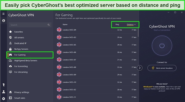 Screenshot of CyberGhost's dedicated gaming servers with ping and distance sorting options highlighted